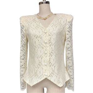 Vintage 1980s Patra Ivory Lace Peplum Jacket Blouse Size 10 Formal Blouse
